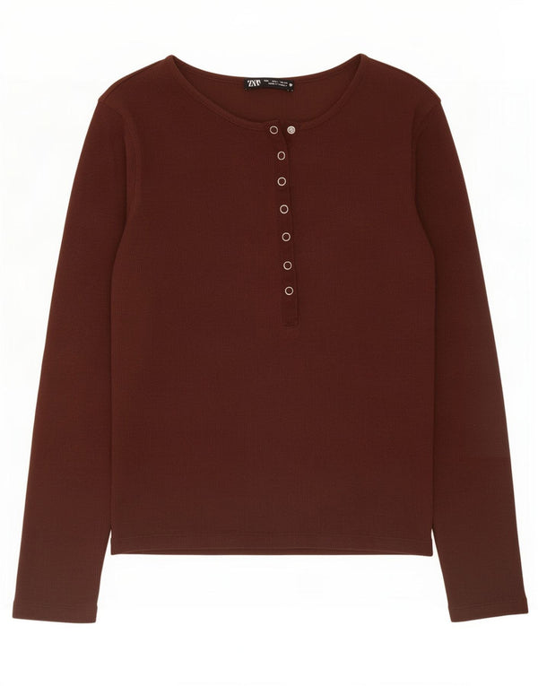 Top feminino Zara manga comprida UK 14 grande algodão marrom