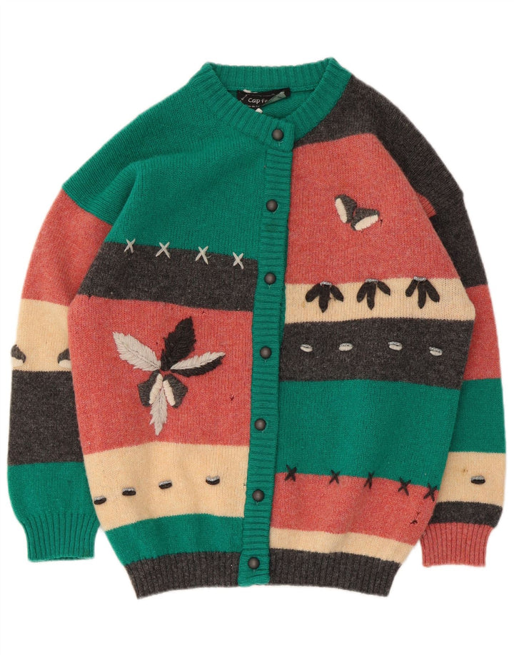 Suéter Cardigan Feminino Vintage UK 10 Pequeno Colorblock Multicolorido