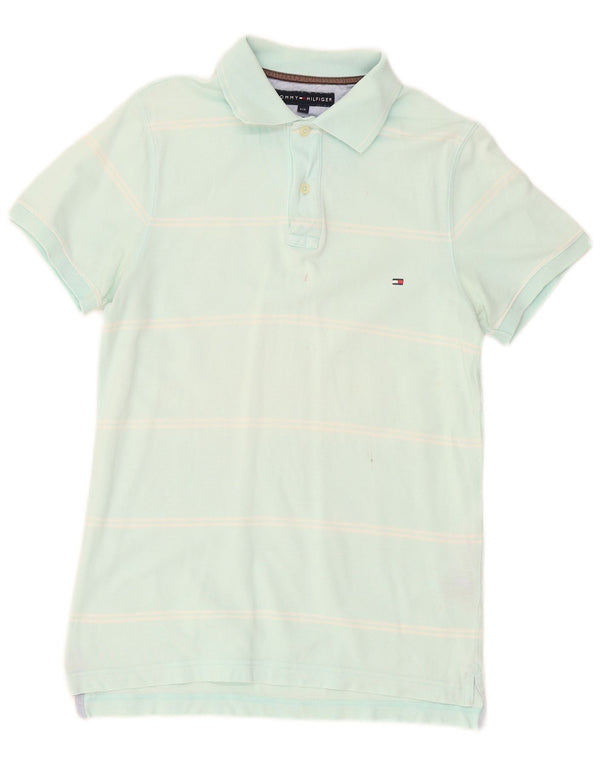 Camisa polo masculina Tommy Hilfiger Slim Fit pequena listrada azul de algodão