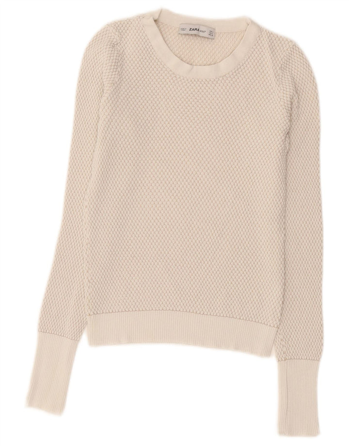 Zara Suéter feminino cropped com gola redonda Reino Unido 8 pequeno branco
