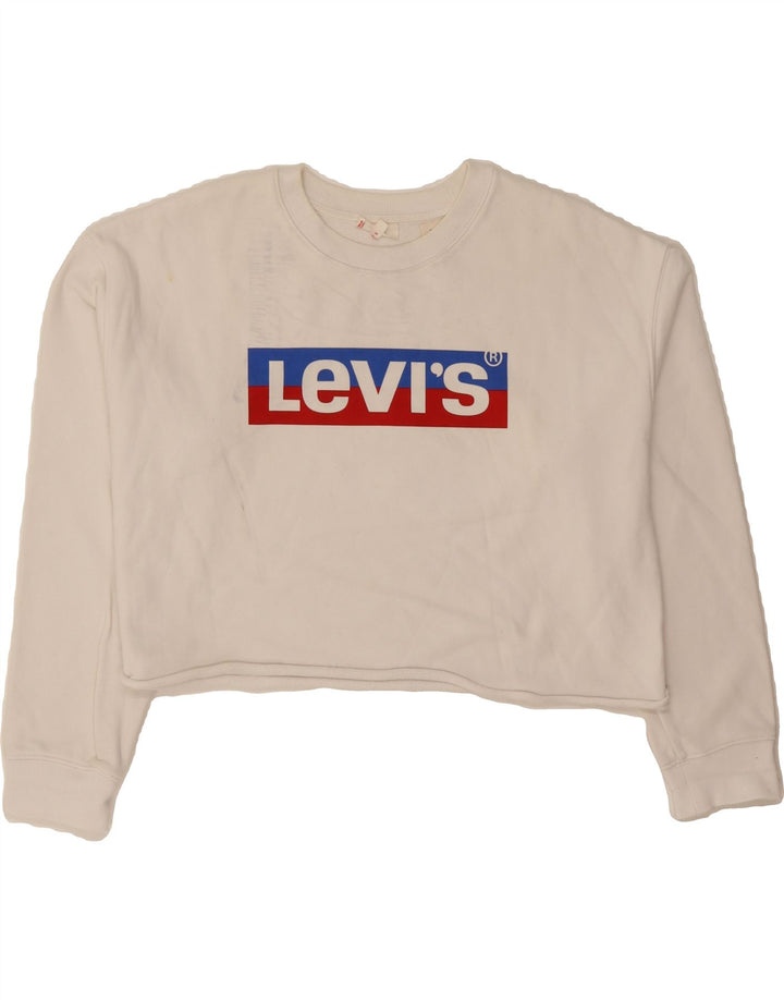 LEVI'S Womens Oversized Crop Graphic Sweatshirt Jumper UK 14 Medium White Vintage Levi's and Second-Hand Levi's from Messina Hembry 