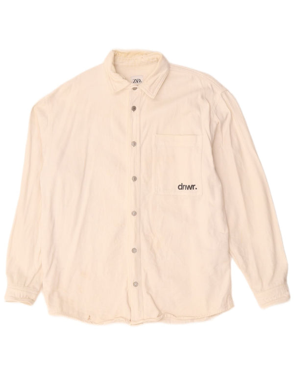 Camisa jeans masculina Zara Graphic Relaxed Fit médio algodão branco