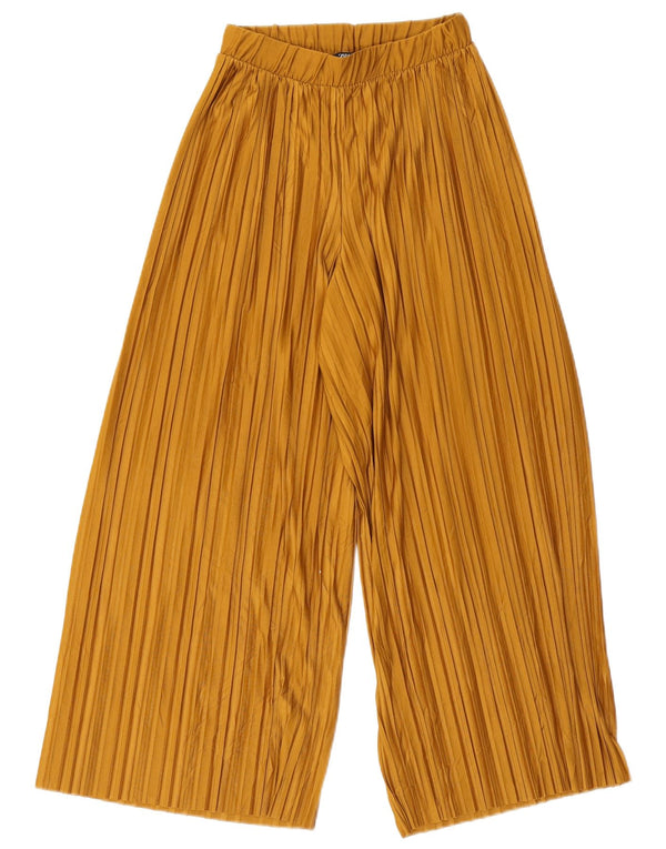 Calça feminina Zara com perna larga cortada pequena W26 L23 poliéster bege