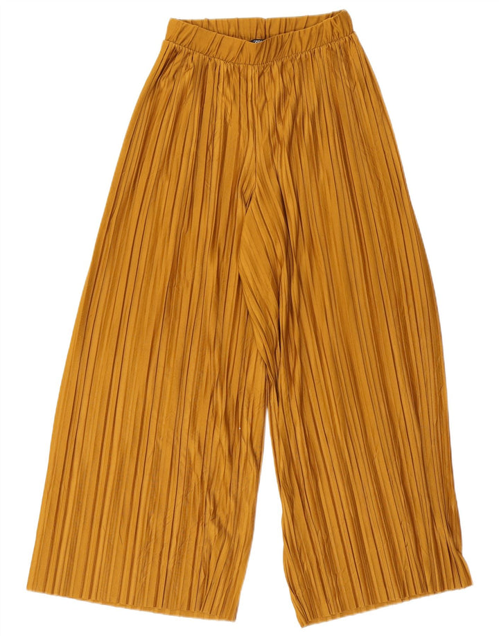 Calça feminina Zara com perna larga cortada pequena W26 L23 poliéster bege