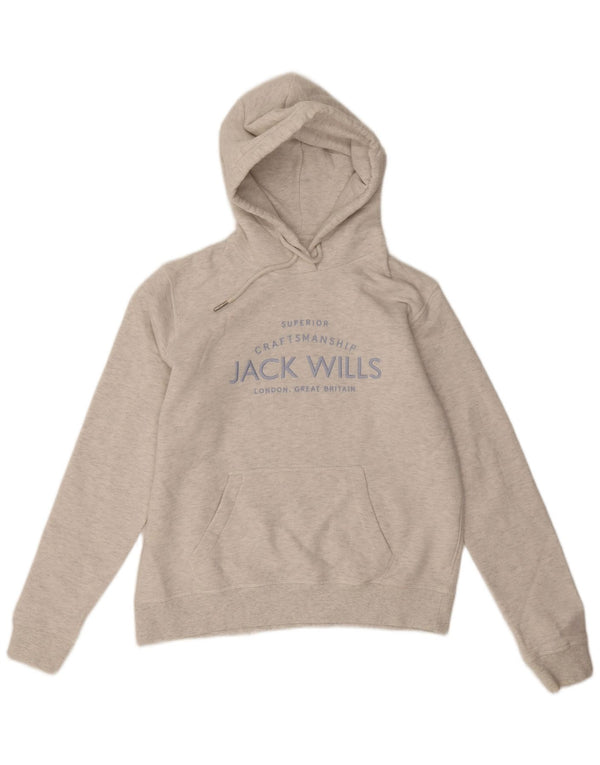 Suéter feminino com capuz gráfico Jack Wills Reino Unido 12 algodão manchado cinza médio