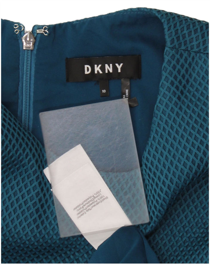 Vestido feminino DKNY sem mangas evasê US 10 grande poliéster geométrico azul