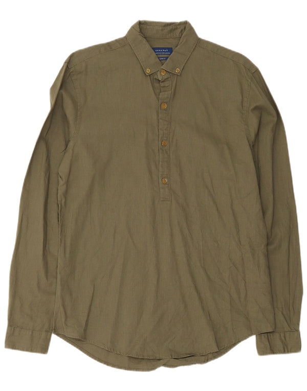 Zara Camisa masculina Slim Fit pulôver médio cáqui linho