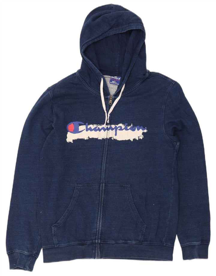CHAMPION Suéter masculino com capuz e zíper gráfico pequeno azul marinho