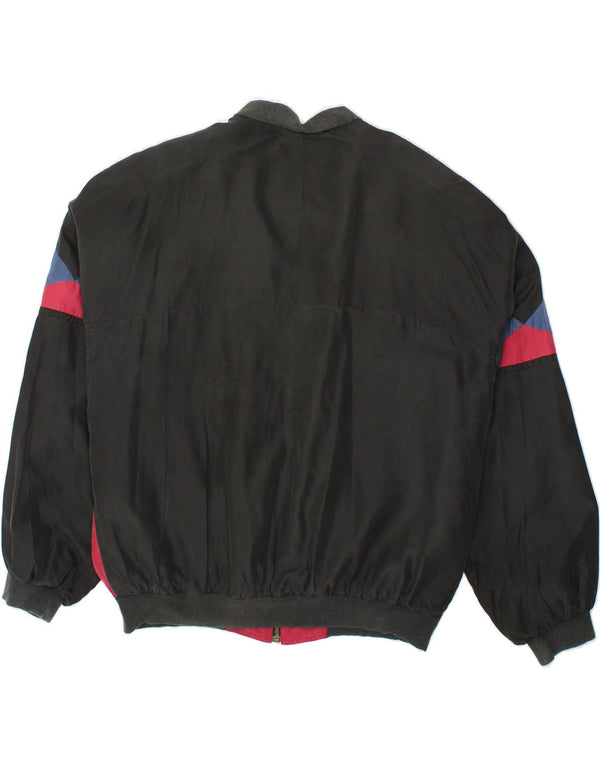 Jaqueta bomber masculina VINTAGE solta ajuste Reino Unido 38 seda geométrica preta média