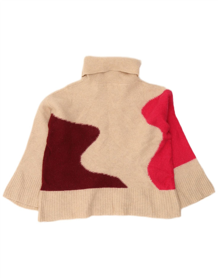 Suéter feminino branco com gola redonda e gola redonda, bloco colorido bege pequeno UK 8