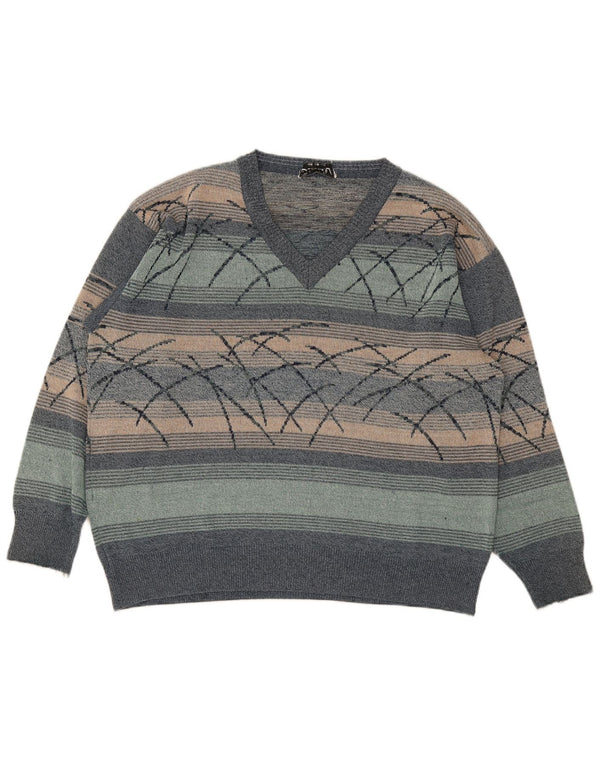 Suéter masculino vintage com decote em V XL listrado multicolorido