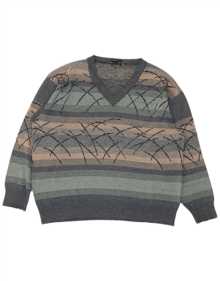 Suéter masculino vintage com decote em V XL listrado multicolorido