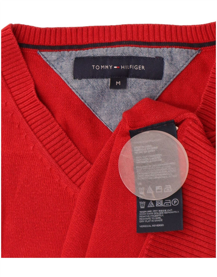 Suéter masculino TOMMY HILFIGER com decote em V de algodão vermelho médio