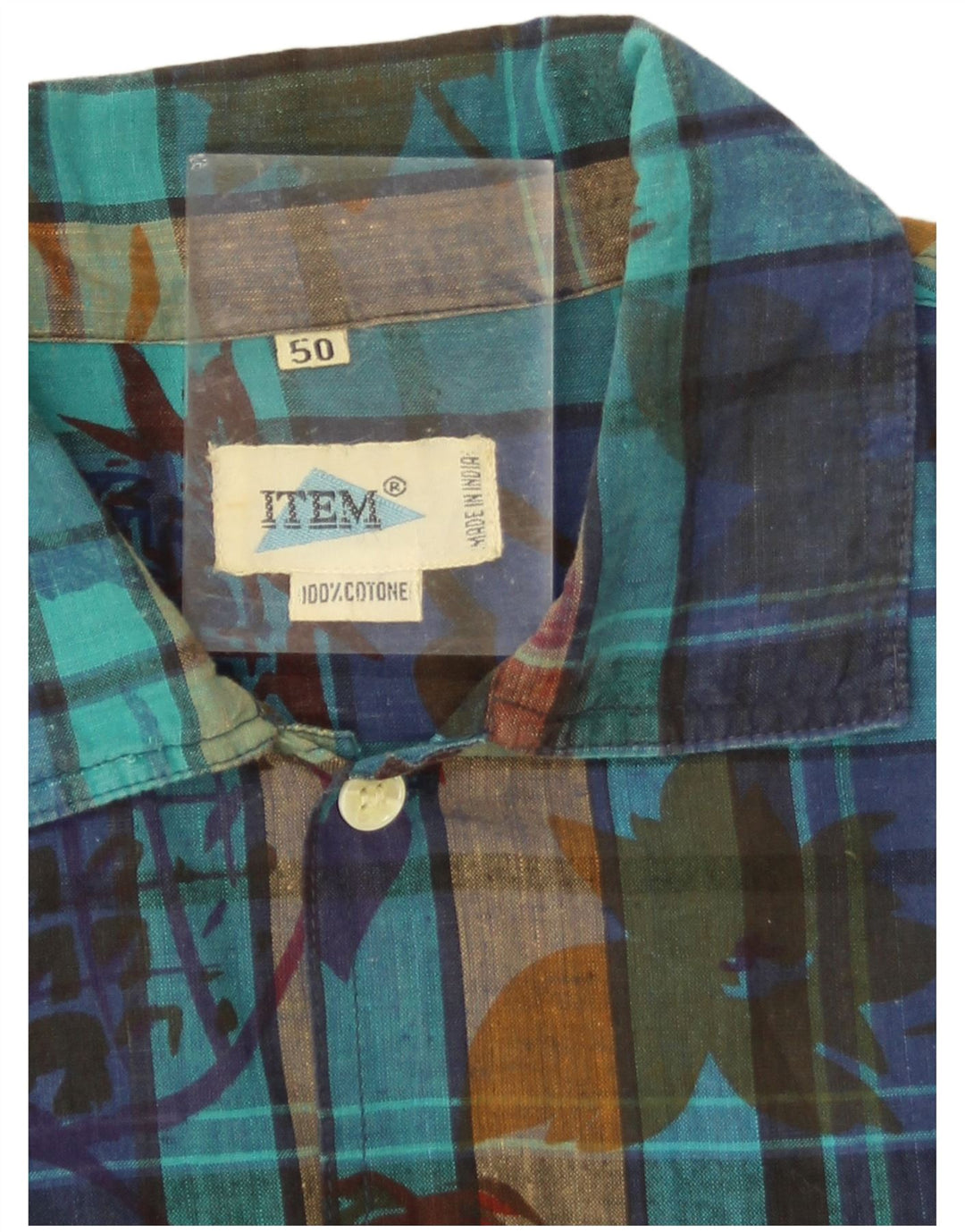 Camisa masculina vintage de manga curta UE 50 algodão xadrez azul médio