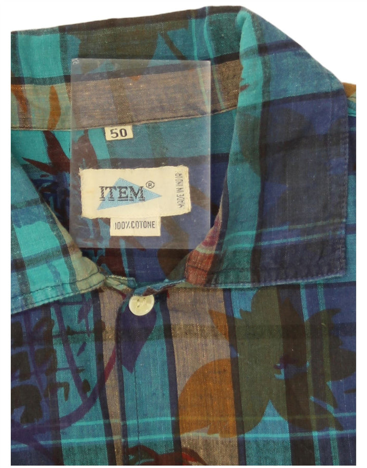 Camisa masculina vintage de manga curta UE 50 algodão xadrez azul médio