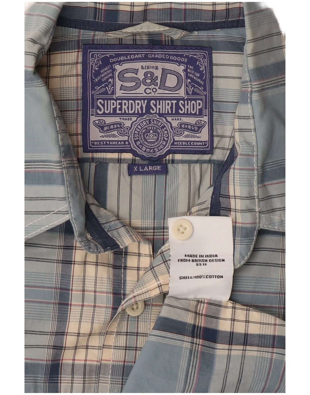 Camisa masculina de manga curta SUPERDRY XL azul xadrez algodão