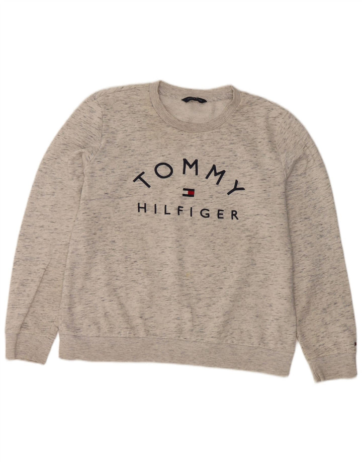 Tommy Hilfiger moletom gráfico feminino jumper UK 12 cinza médio manchado