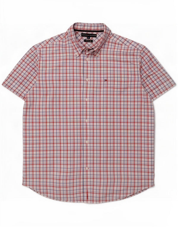 Tommy Hilfiger Camisa masculina de manga curta XL Algodão xadrez vermelho