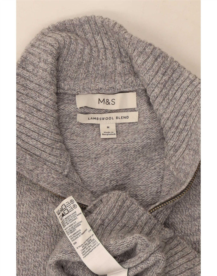 Suéter masculino Marks & Spencer com zíper e gola em lã cinza médio