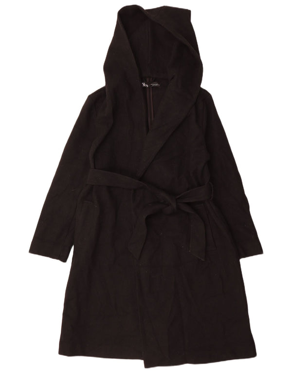 Sobretudo feminino com capuz Zara UK 14 poliéster preto médio