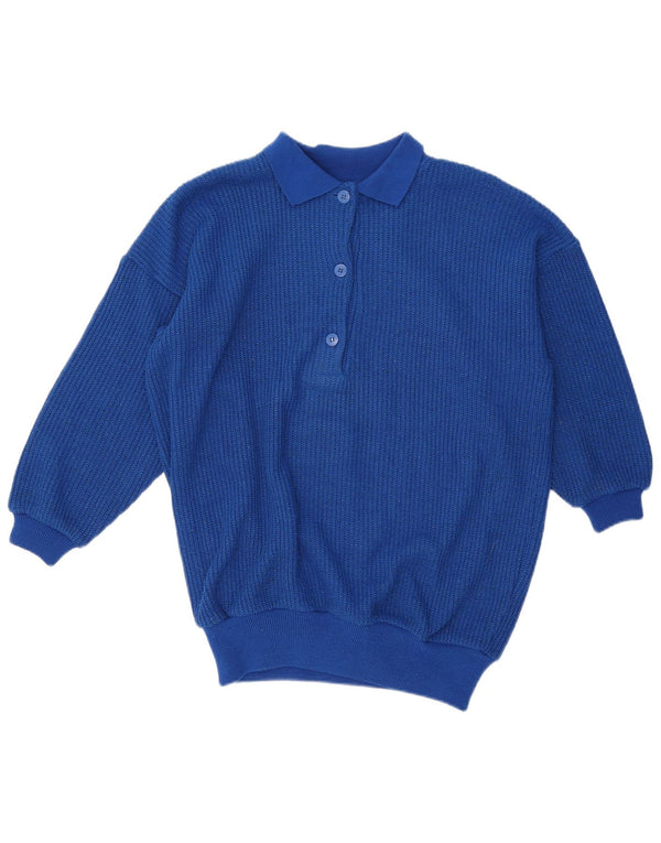 Suéter feminino vintage de grandes dimensões com gola polo, Reino Unido 10, acrílico azul pequeno