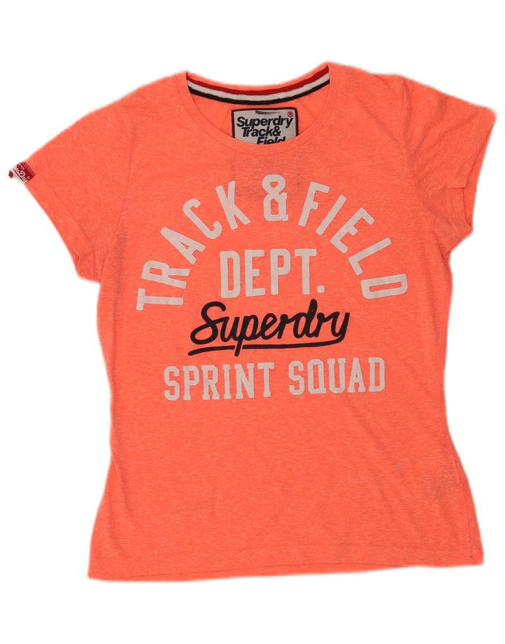 Camiseta feminina Superdry com estampa gráfica UK 14 grande poliéster manchado laranja