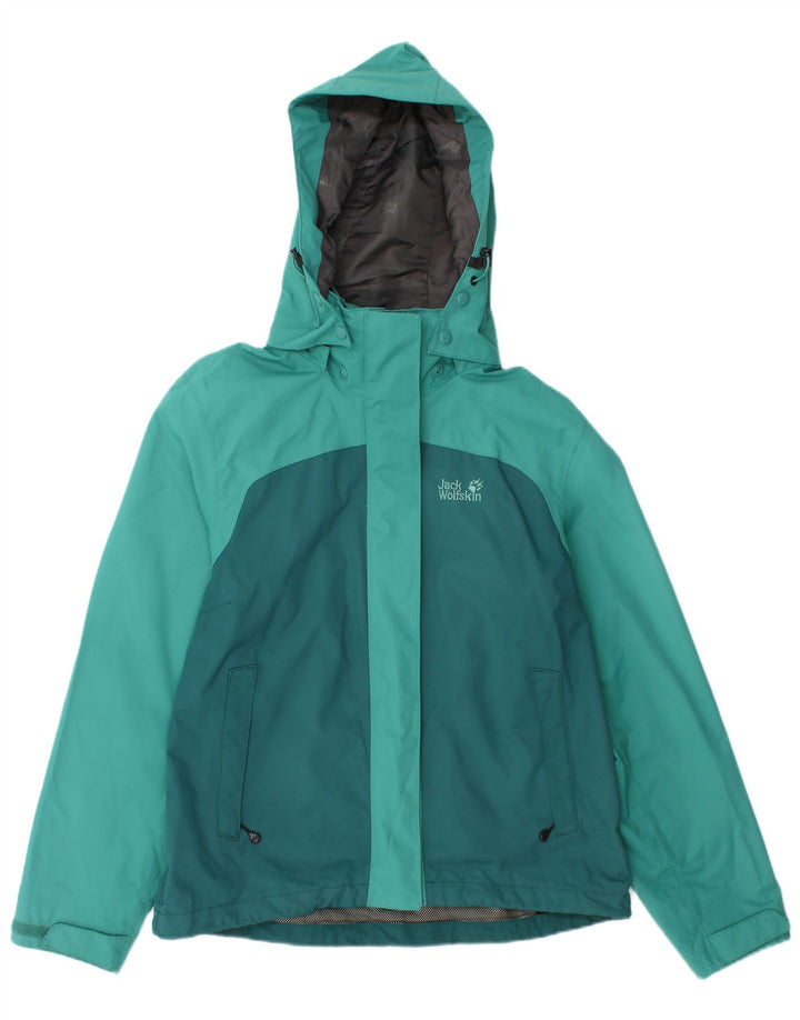 Jaqueta de chuva feminina com capuz Jack Wolfskin UK 10 pequeno bloco colorido turquesa
