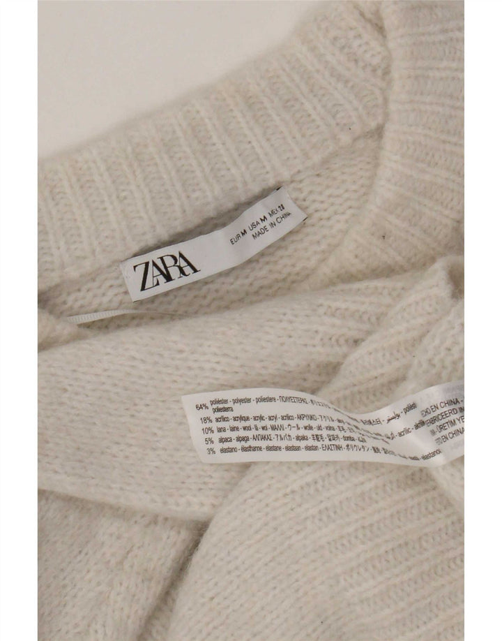 Suéter feminino Zara com gola redonda grande, Reino Unido 14, médio, branco, poliéster