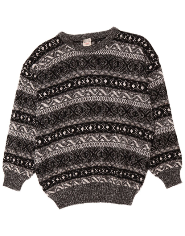 Suéter feminino vintage com gola canoa Reino Unido 16 grande cinza Fair Isle acrílico