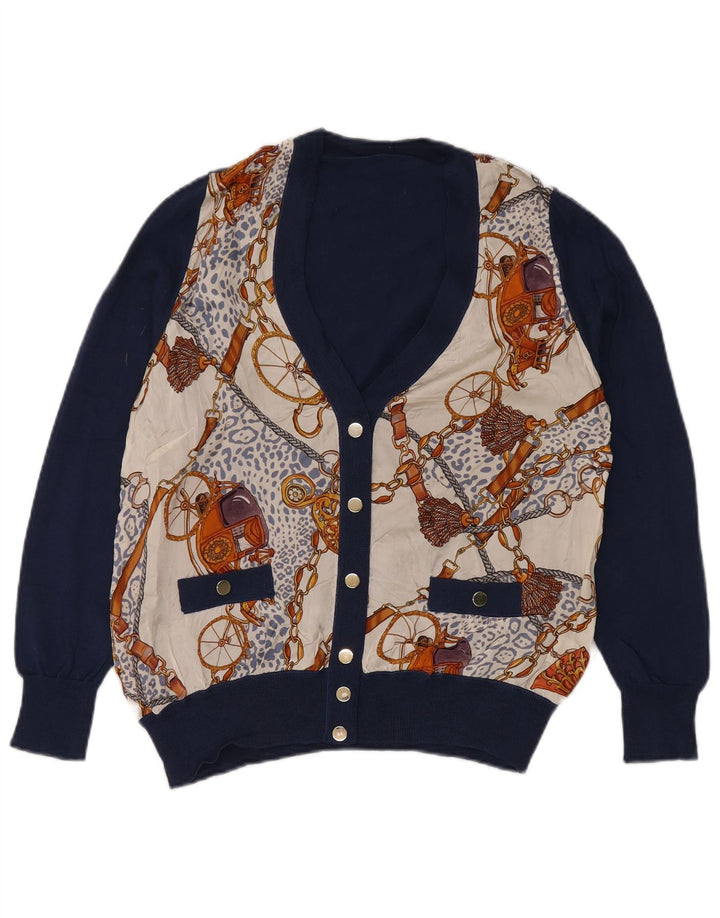 Suéter cardigã feminino vintage com padrão abstrato Reino Unido 16 grande azul marinho