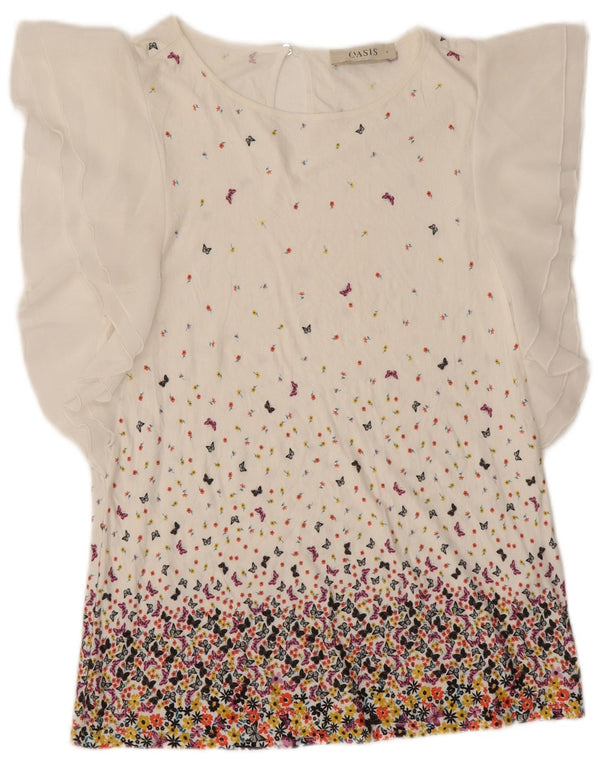 Blusa feminina Oasis UK 10 pequena borboleta branca floral viscose