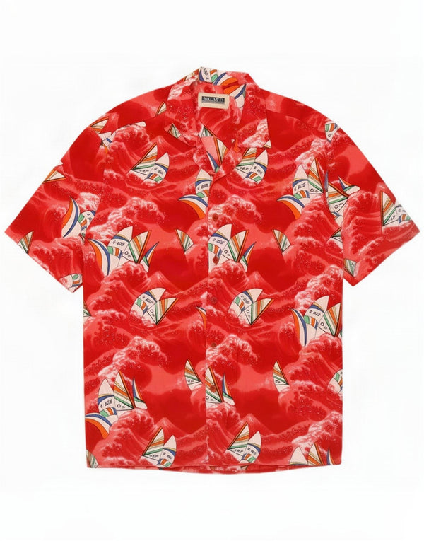 Camisa masculina de manga curta com padrão abstrato vintage 2XL viscose vermelha