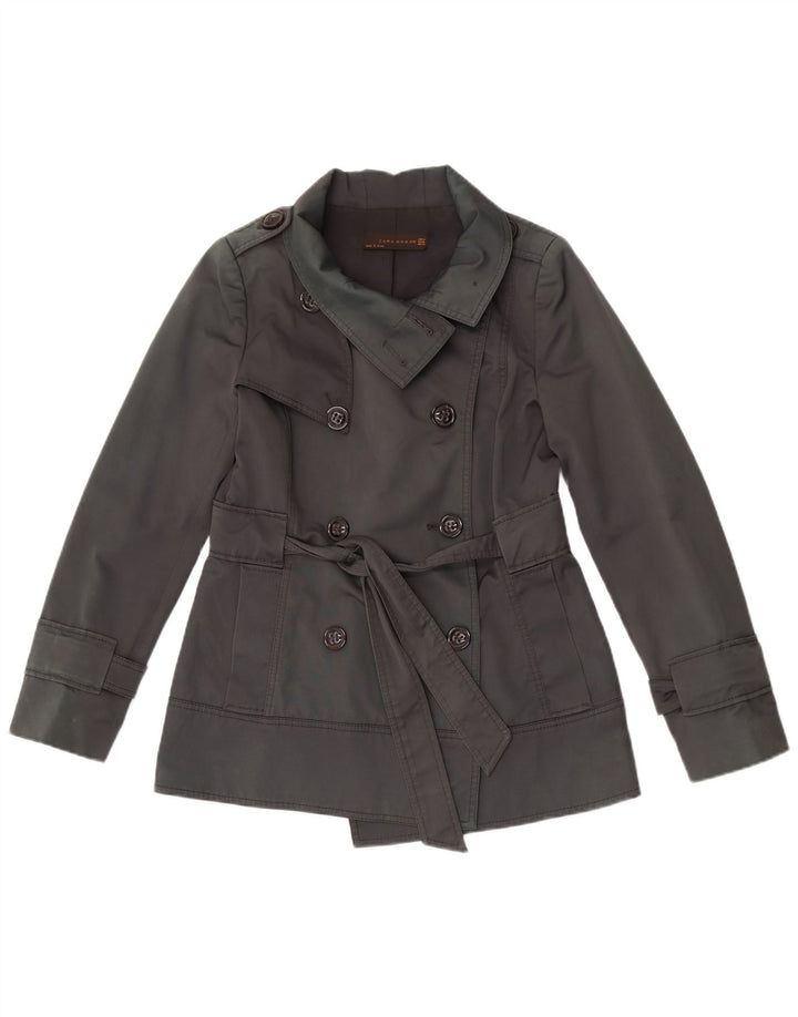 Zara Womens Short Double Breasted Trench Coat Reino Unido 14 Médio Algodão Cinza