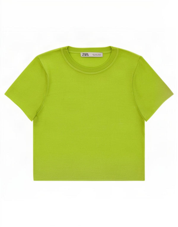 Zara Womens Crop T-Shirt Top UK 14 Large Green Viscose