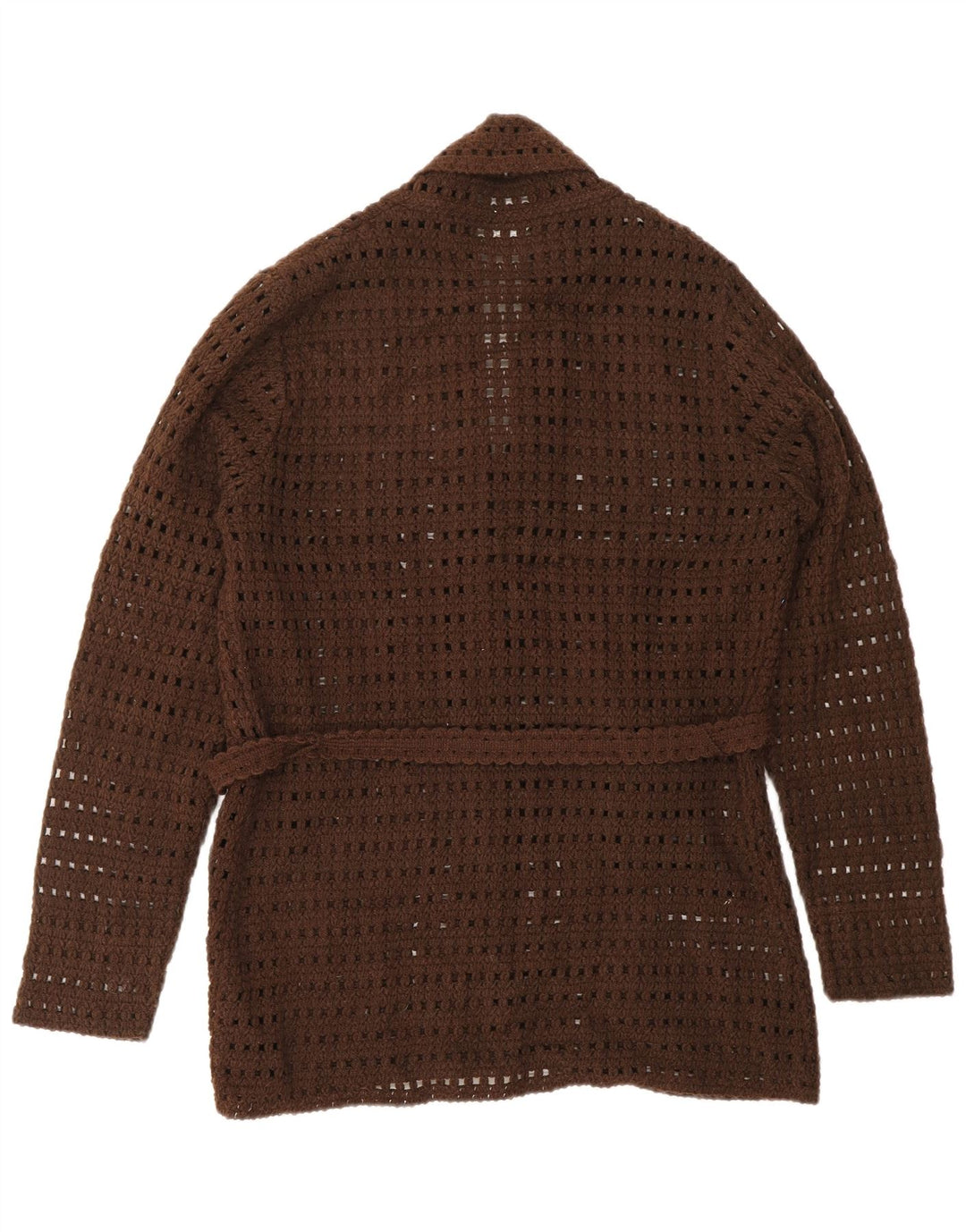 Suéter cardigã feminino de crochê VINTAGE Reino Unido 14 grande acrílico marrom