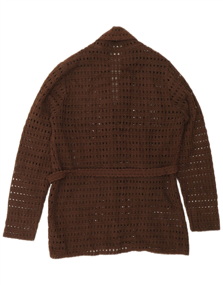 Suéter cardigã feminino de crochê VINTAGE Reino Unido 14 grande acrílico marrom