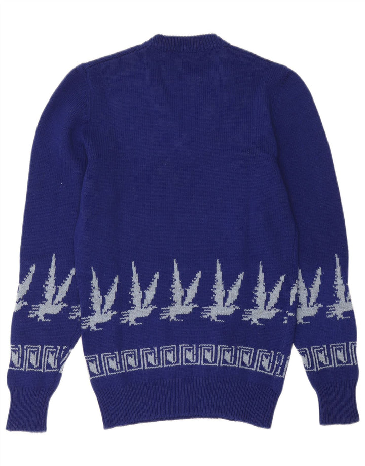 Suéter masculino vintage com decote em V pequeno azul Fair Isle
