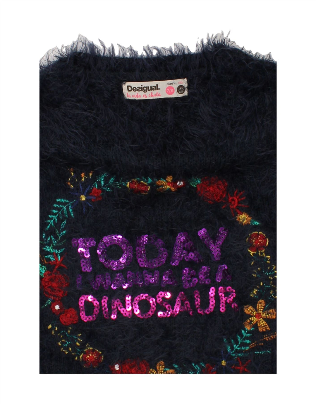 DESIGUAL Girls Graphic Boat Neck Jumper Sweater 7-8 Years Navy Blue Vintage Desigual and Second-Hand Desigual from Messina Hembry 