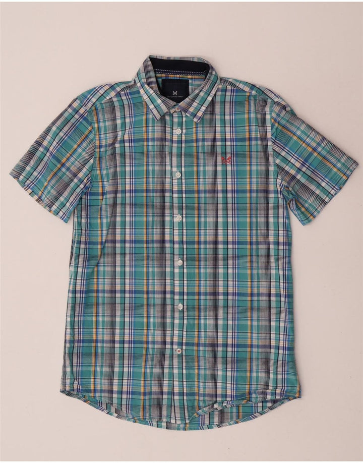 Camisa masculina de manga curta Crew Clothing algodão xadrez azul médio