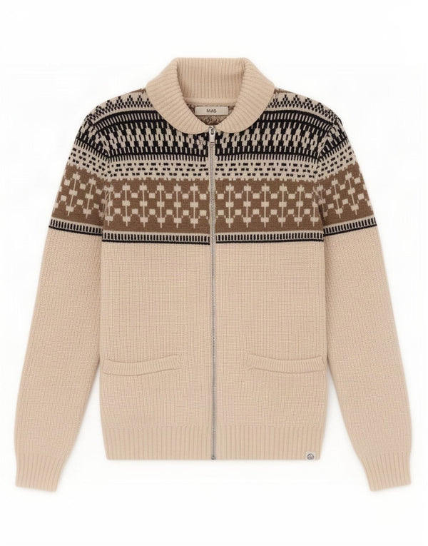 Suéter cardigã masculino Marks & Spencer com zíper completo médio off white Fair Isle