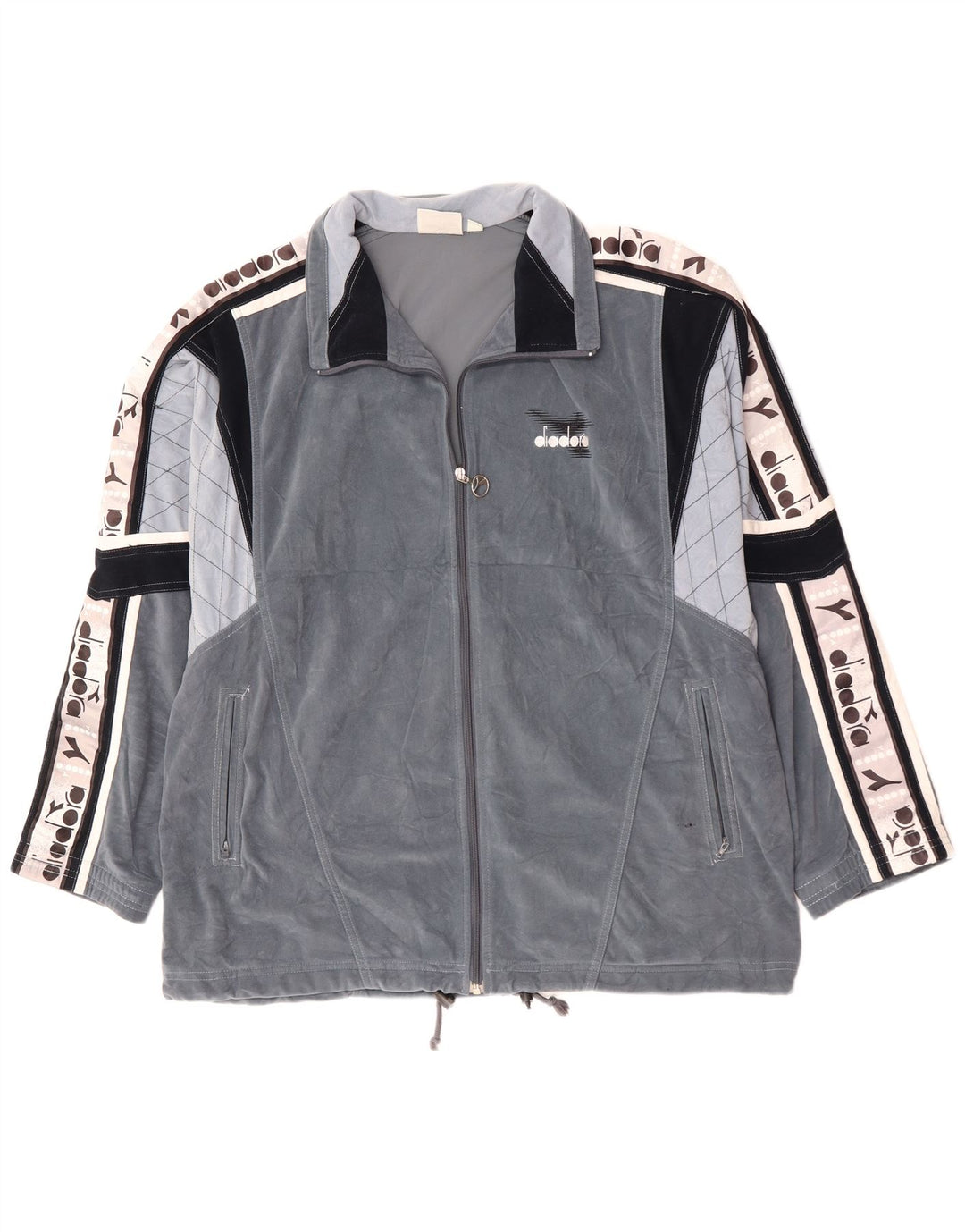 DIADORA Mens Graphic Velour Tracksuit Top Jacket UK 46 XL Cinza Colourblock