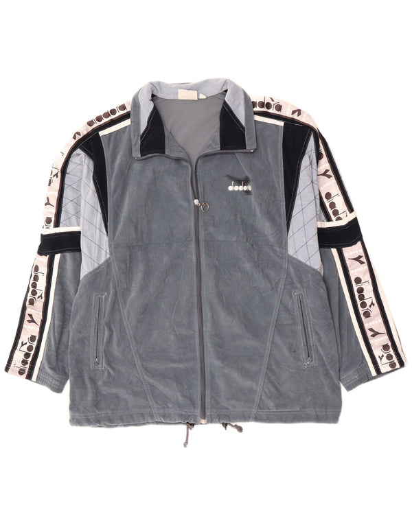 DIADORA Mens Graphic Velour Tracksuit Top Jacket UK 46 XL Cinza Colourblock