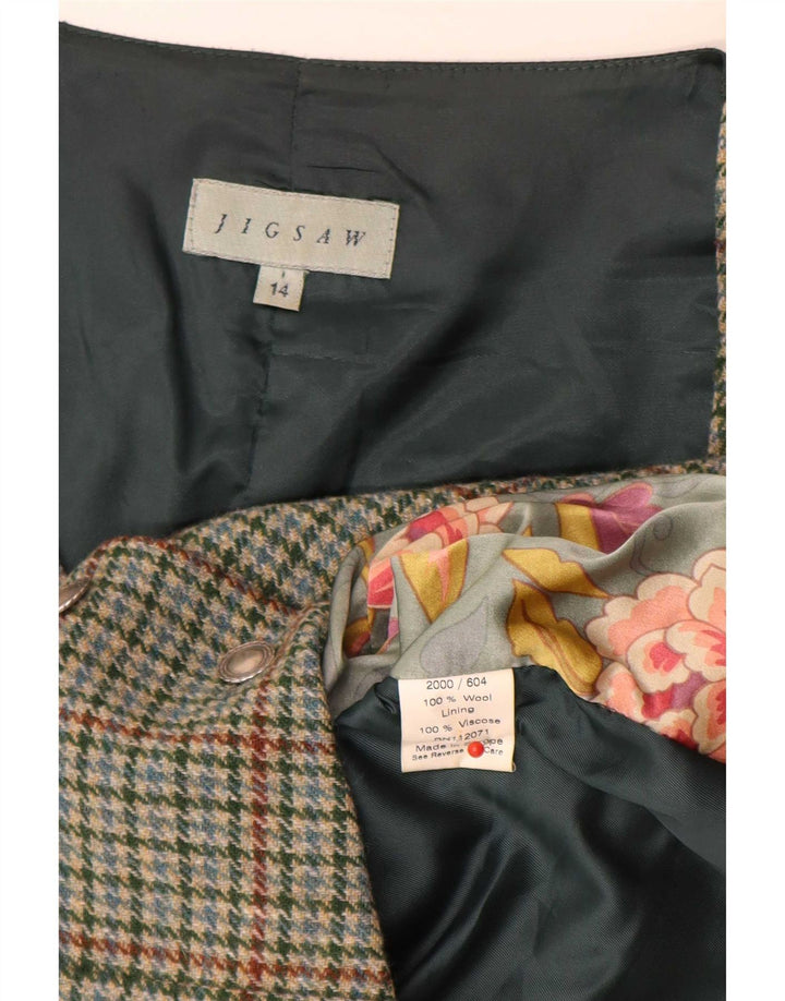 Colete feminino Jigsaw UK 14 médio verde houndstooth lã clássico