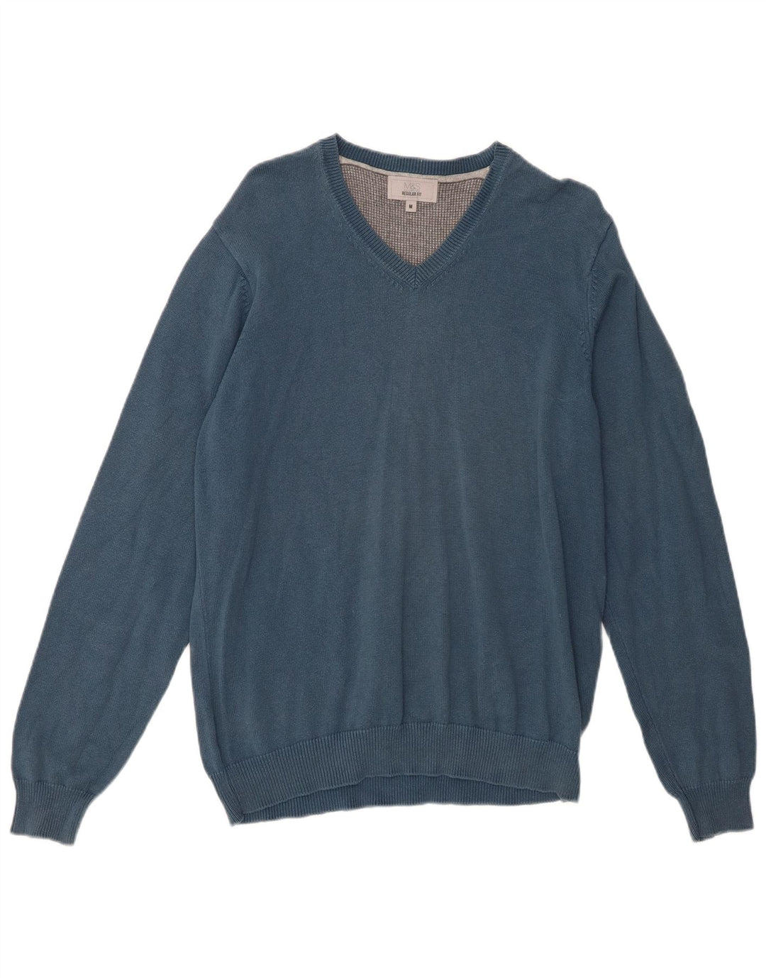 Suéter masculino Marks & Spencer com ajuste regular e decote em V de algodão azul médio