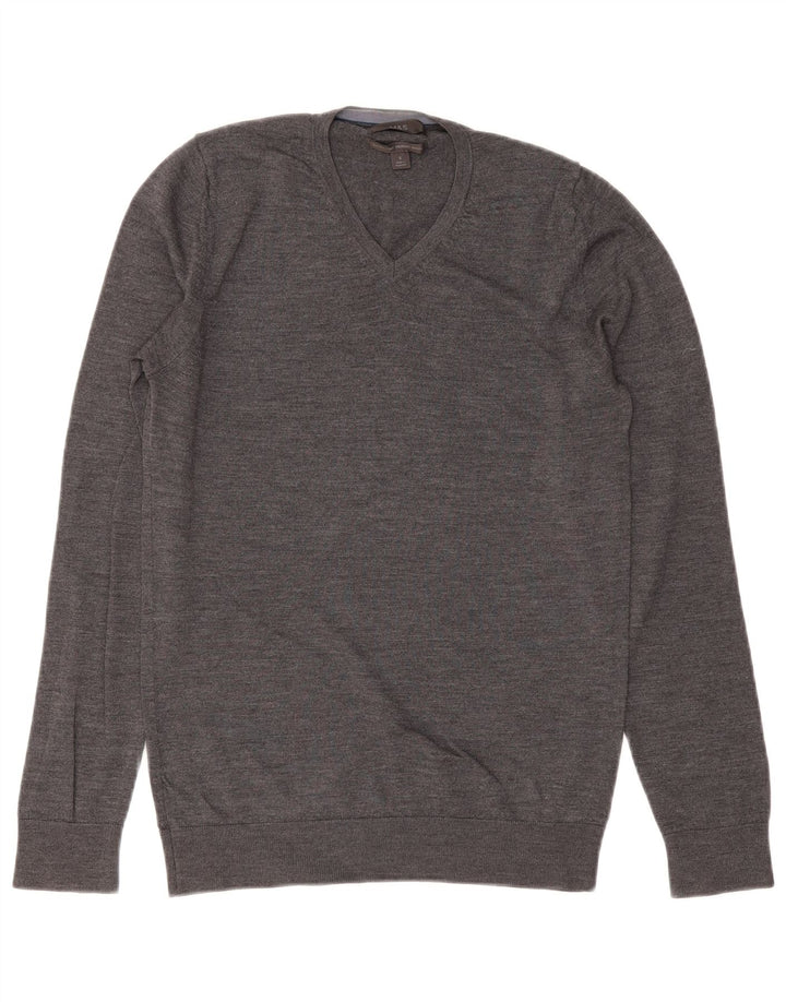 MARKS & SPENCER Suéter masculino com decote em V, pequeno, lã merino cinza