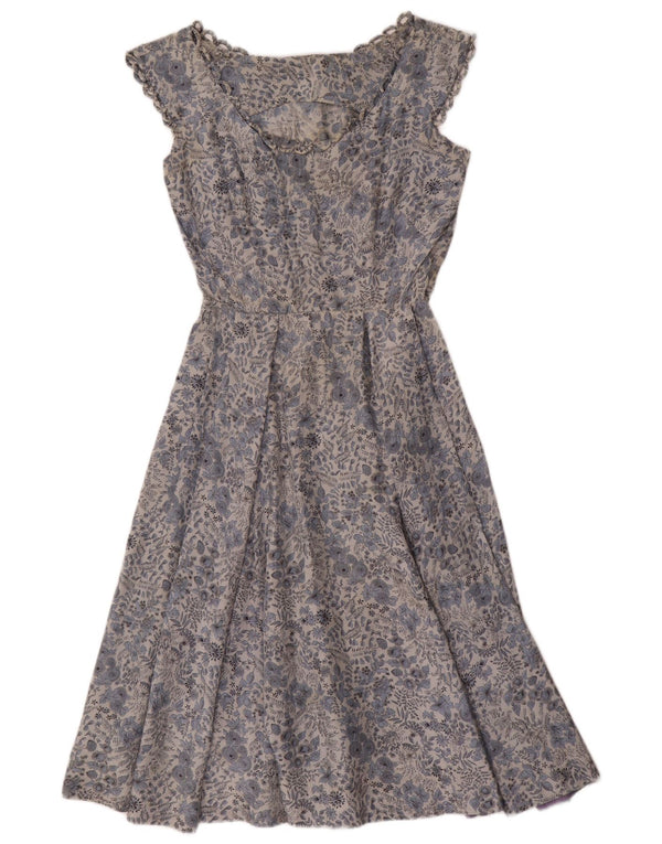 Vestido vintage feminino linha A UK 12 médio azul floral