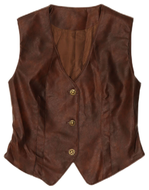 Vintage Womens Faux Leather Waistcoat UK 12 Medium Brown Polyurethane