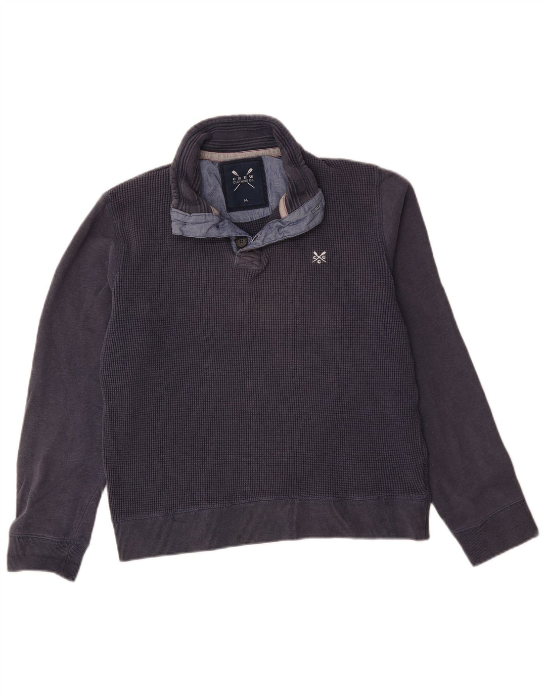 Moletom masculino com gola redonda e botão da Crew Clothing, algodão azul marinho médio