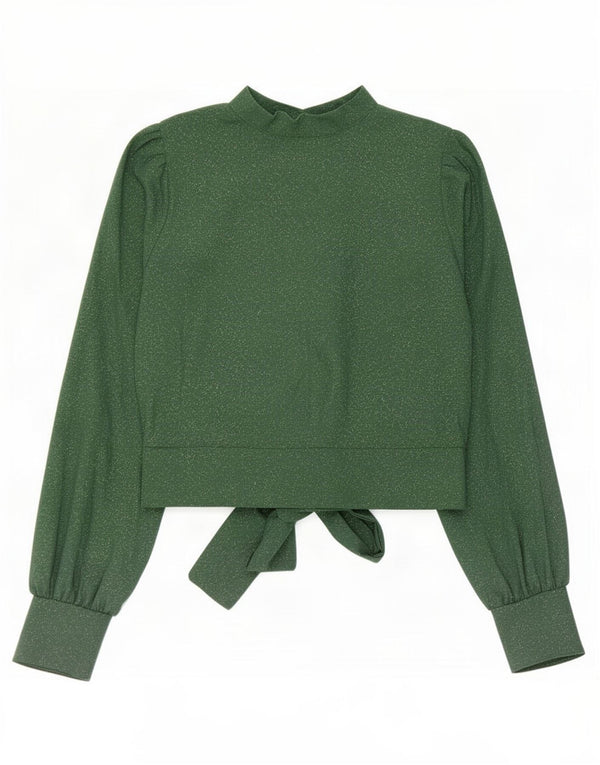 Blusa de camisa feminina vintage Reino Unido 10 poliéster verde pequeno