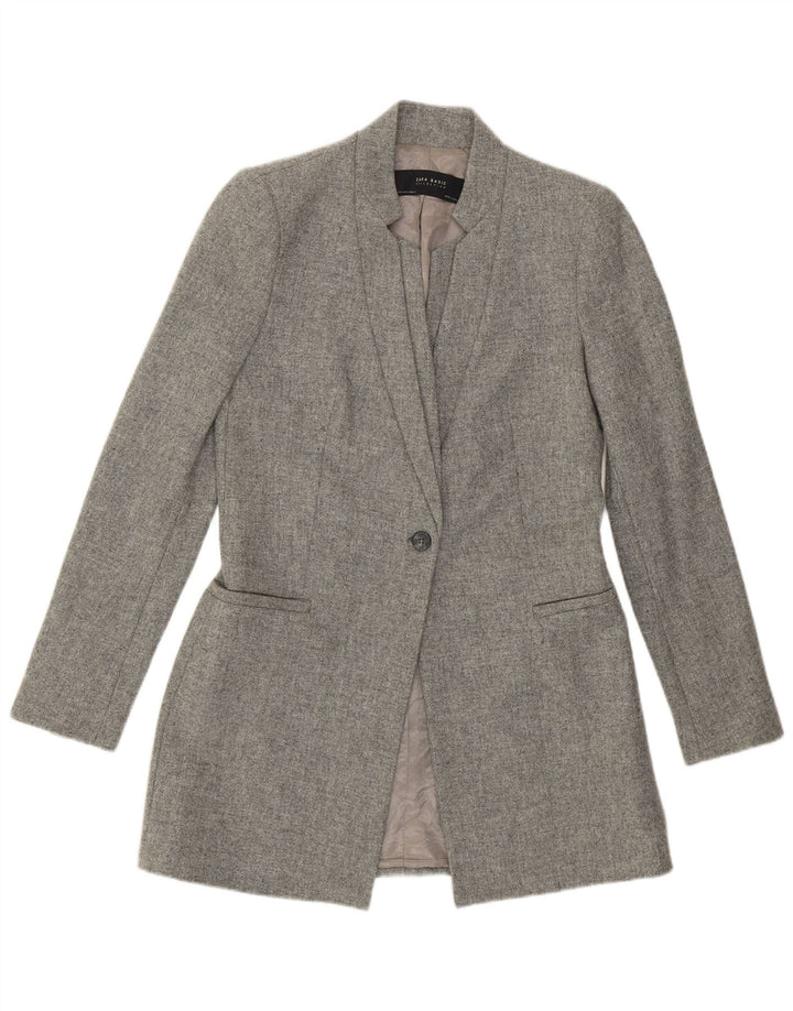 Jaqueta blazer feminina Zara Longline 1 botão Reino Unido 10 pequena lã manchada cinza